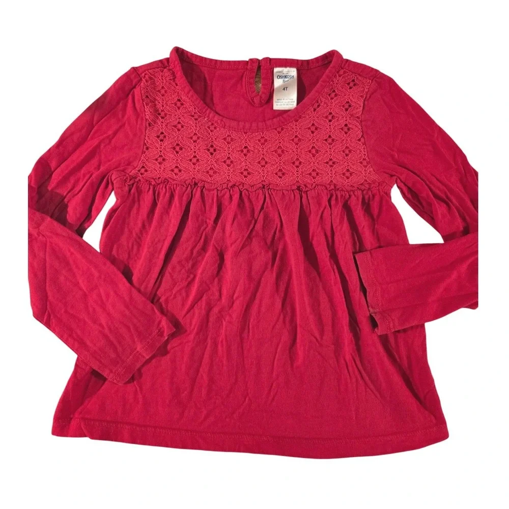 OshKosh B'gosh Red Lace Yoke Long Sleeve Top Tunic Girls Size 4T